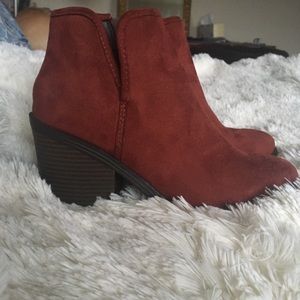 Faux Suede, Rust Heeled Booties